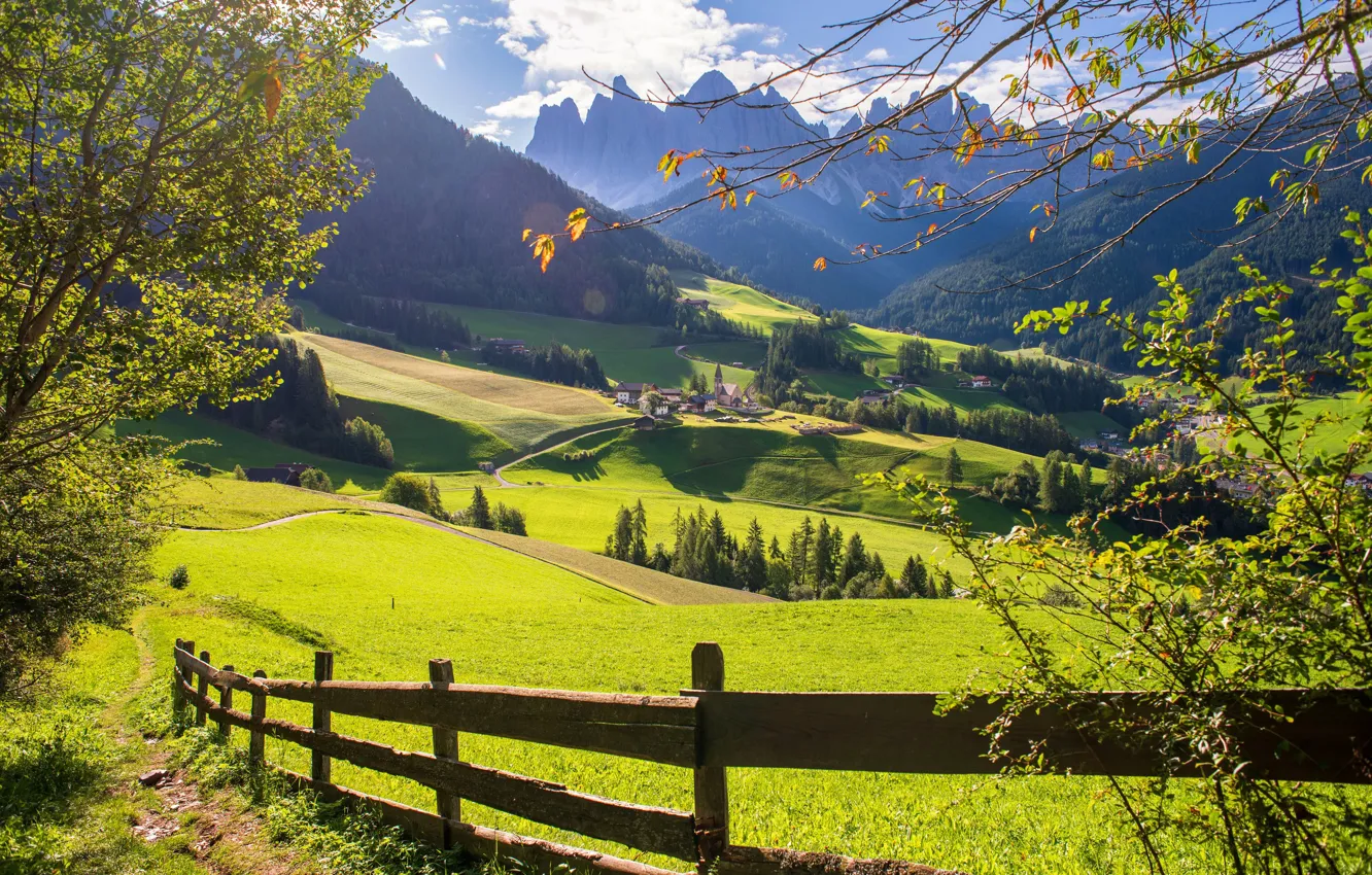 Photo wallpaper autumn, landscape, mountains, nature, the fence, village, the fence, Italy