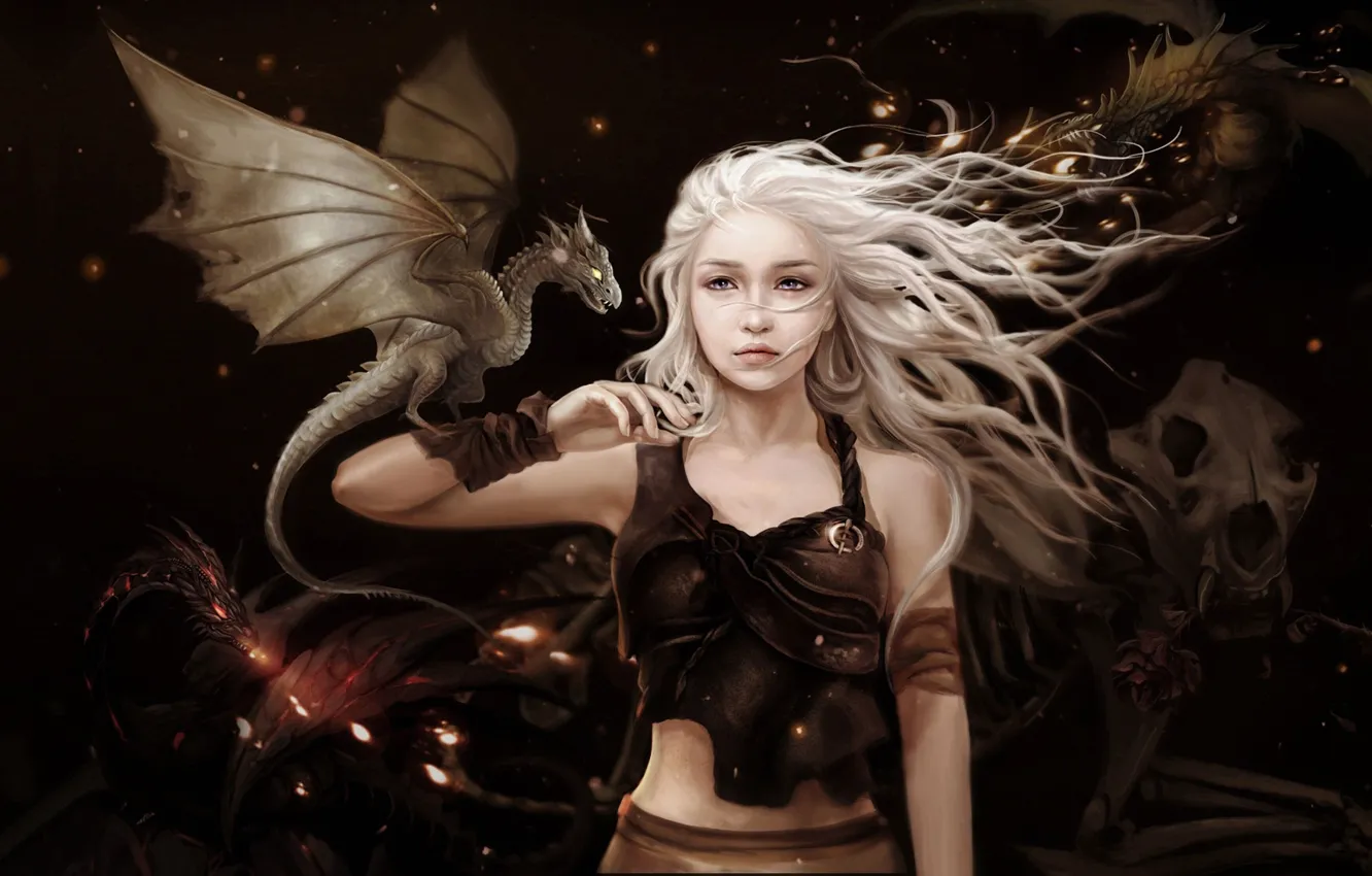 Photo wallpaper girl, dragon, roses, fantasy, art, dragon, A song of Ice and Fire, Game of thrones