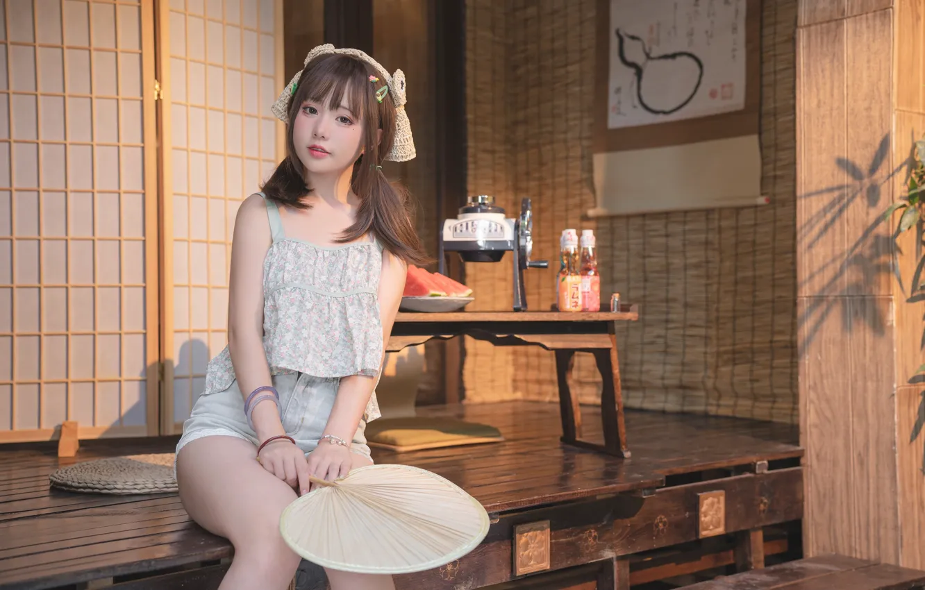 Photo wallpaper bottle, Asian, cutie, table, asian, flooring, cutie, asian girls