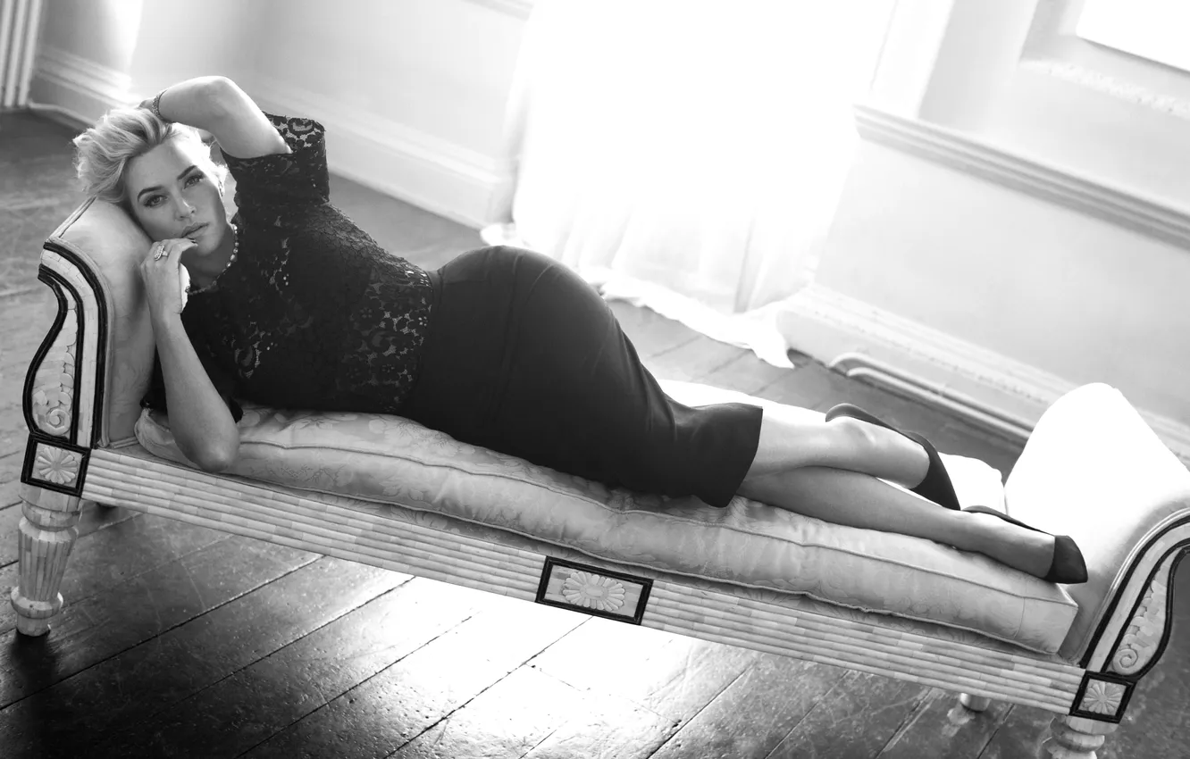 Photo wallpaper dress, actress, black, blonde, couch, Kate Winslet, Kate Winslet