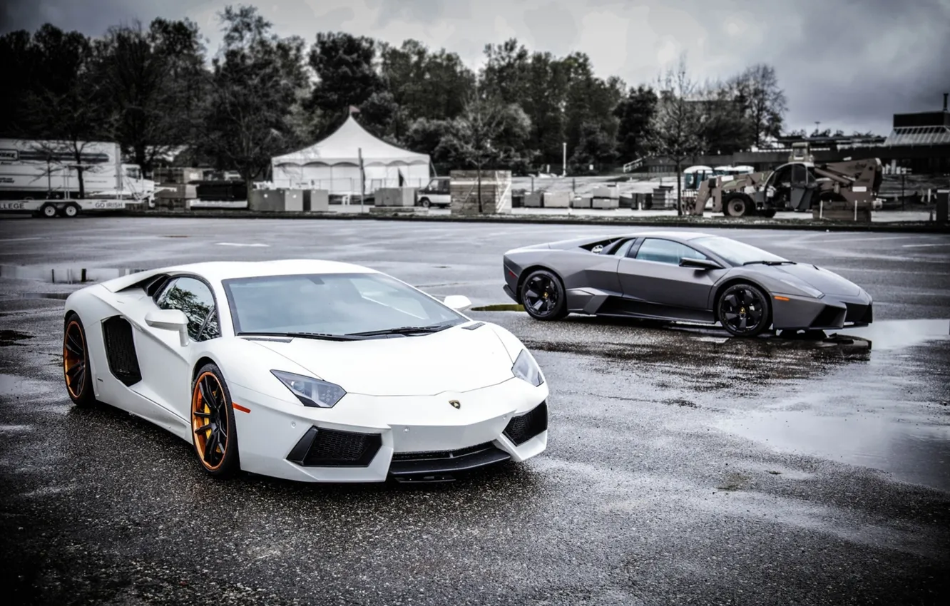 Photo wallpaper white, the sky, asphalt, clouds, grey, Lamborghini, Reventon, puddle