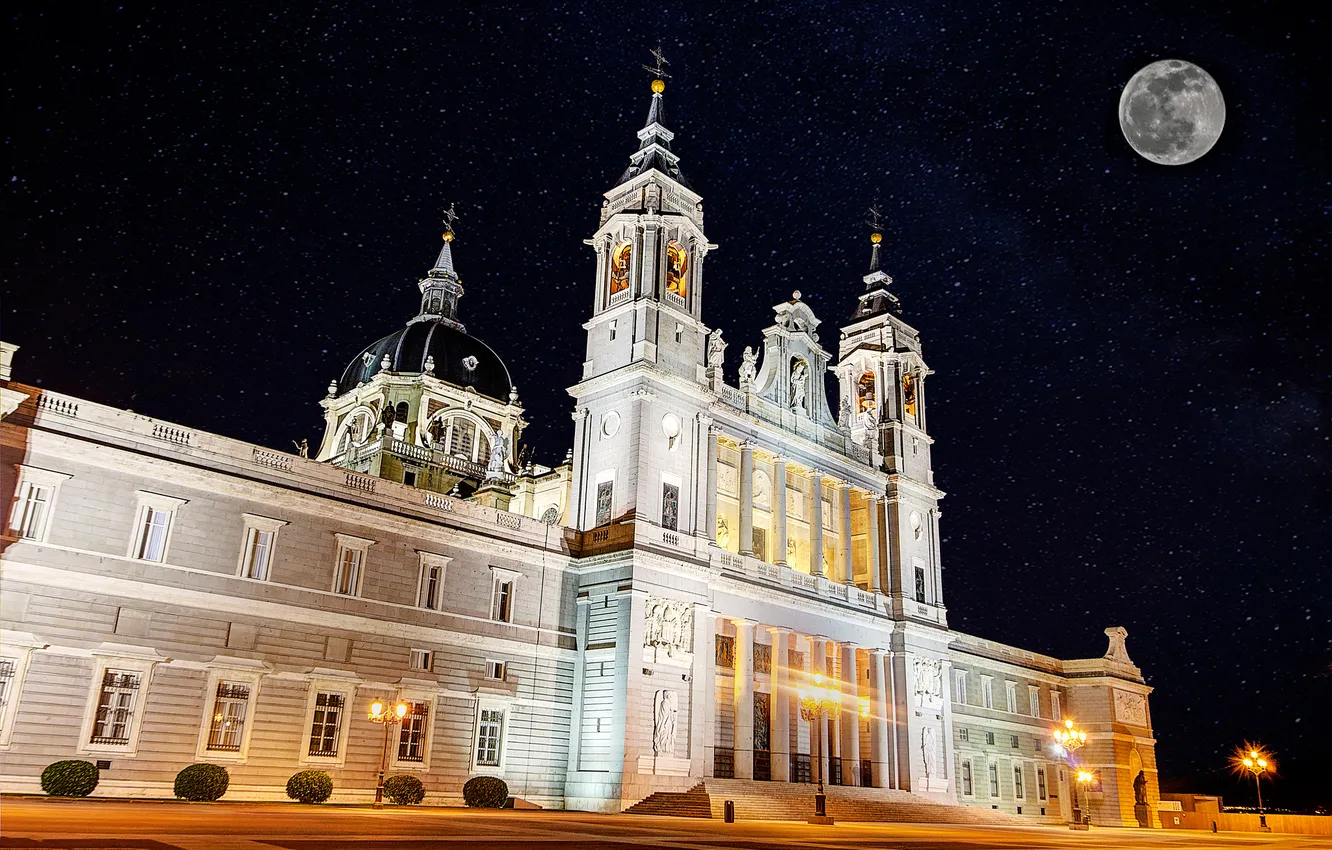 Photo wallpaper night, lights, the moon, Cathedral, Spain, Madrid, Santa Maria de La Almudena
