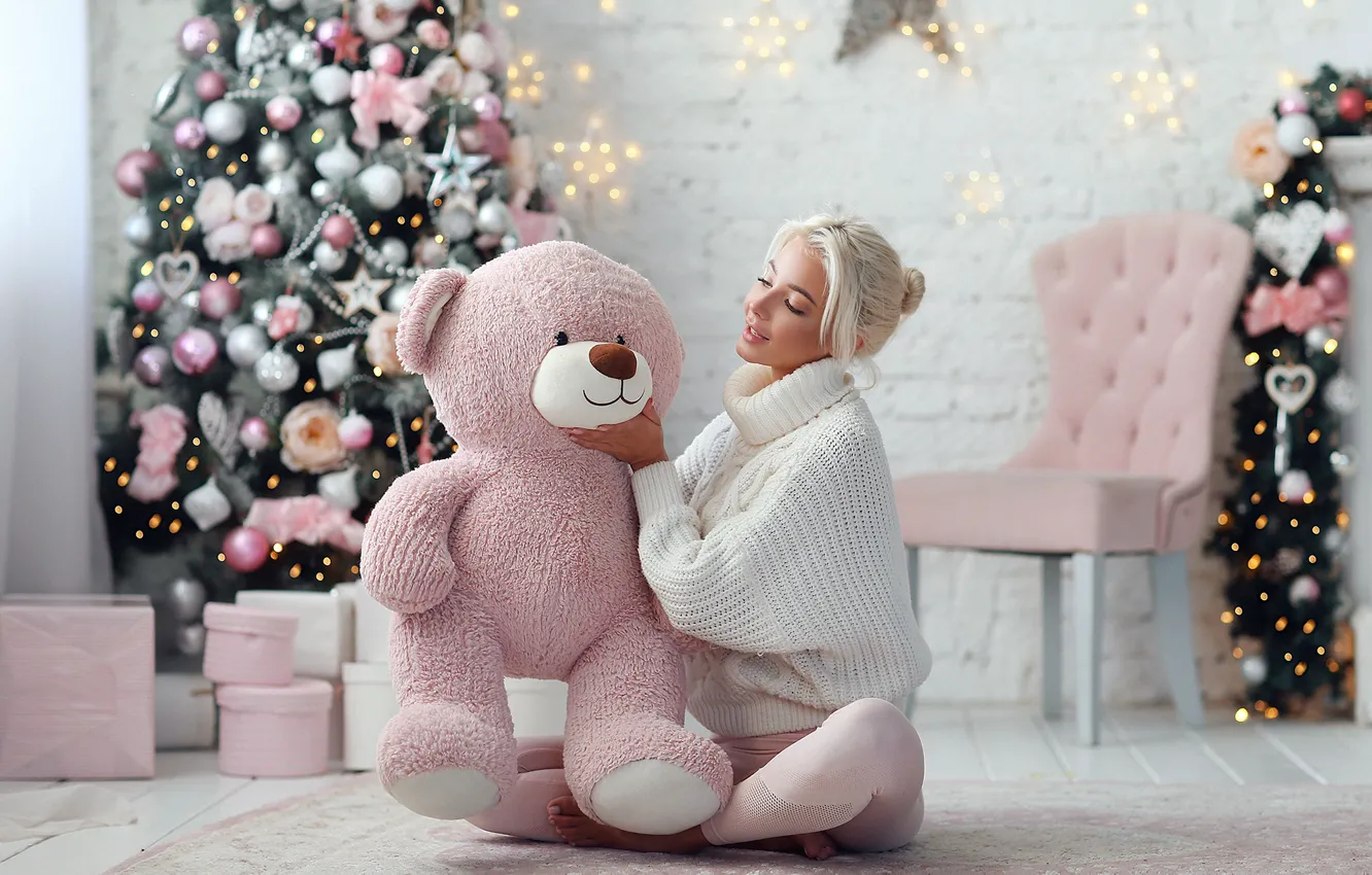 Photo wallpaper girl, mood, bear, New year, tree, sweater, Teddy bear, Dmitry Arhar