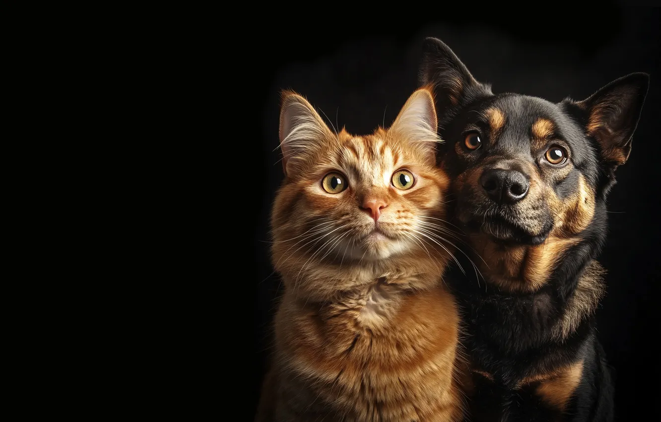 Photo wallpaper cat, cat, look, pose, each, together, black, dog
