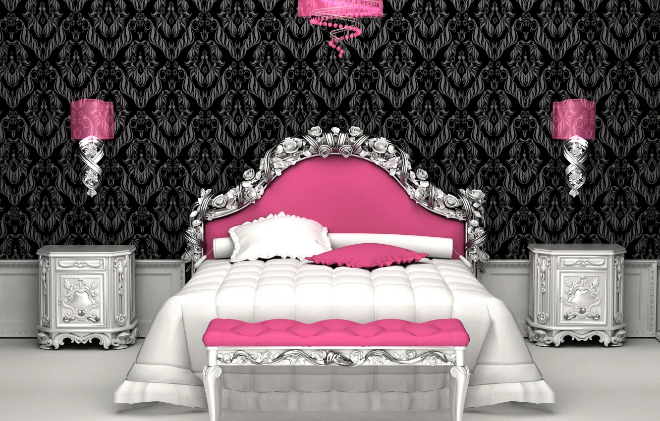 Photo wallpaper room, pink, bed, Interior