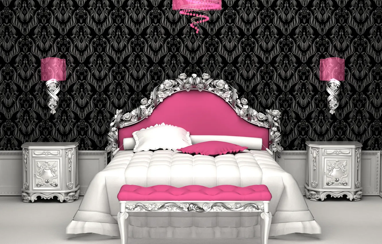 Photo wallpaper room, bed, interior, pink