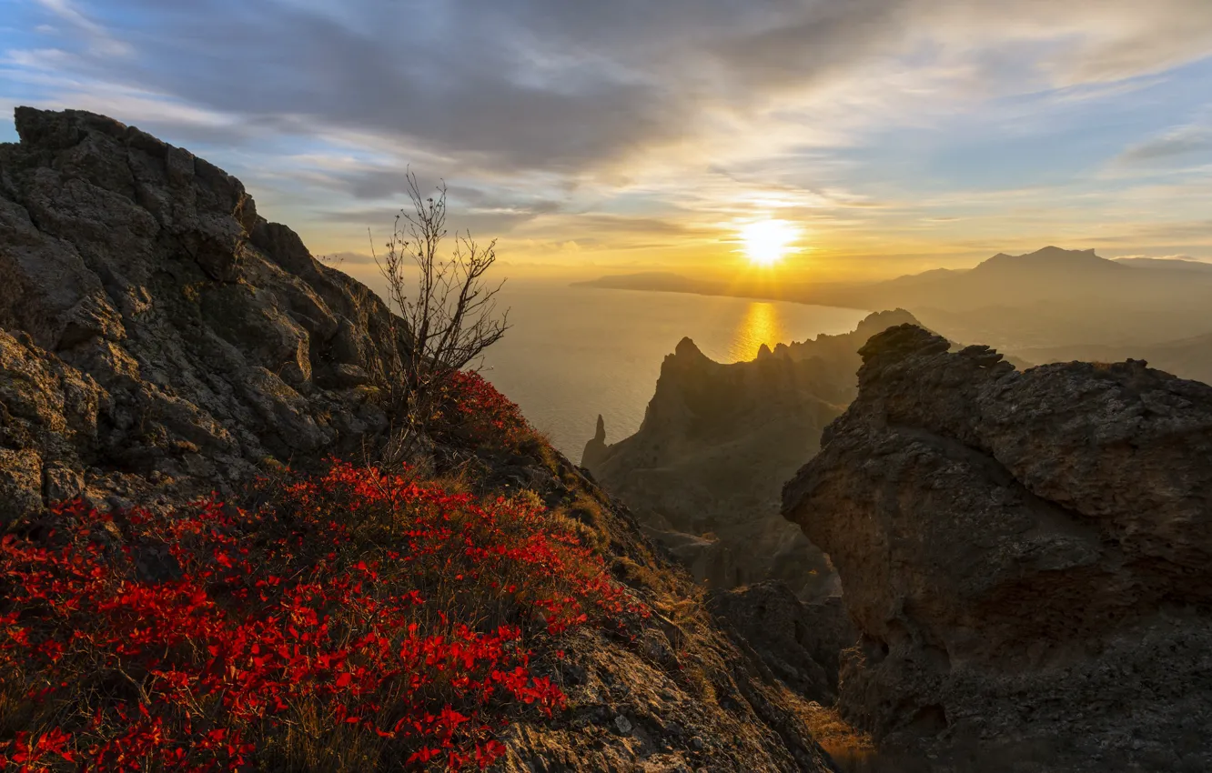 Photo wallpaper sea, autumn, the sun, landscape, sunset, mountains, nature, Crimea