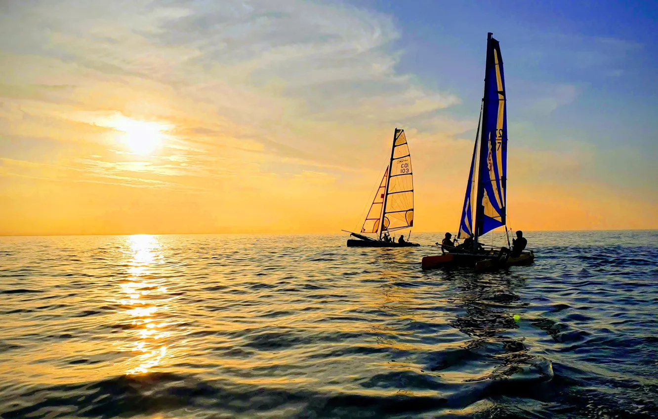 Photo wallpaper sea, sunset, boats, the evening, sails, athletes, training, sports catamarans