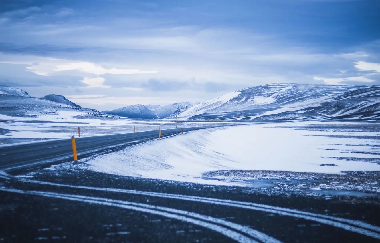Photo wallpaper winter, road, the sky, asphalt, clouds, snow, landscape, mountains