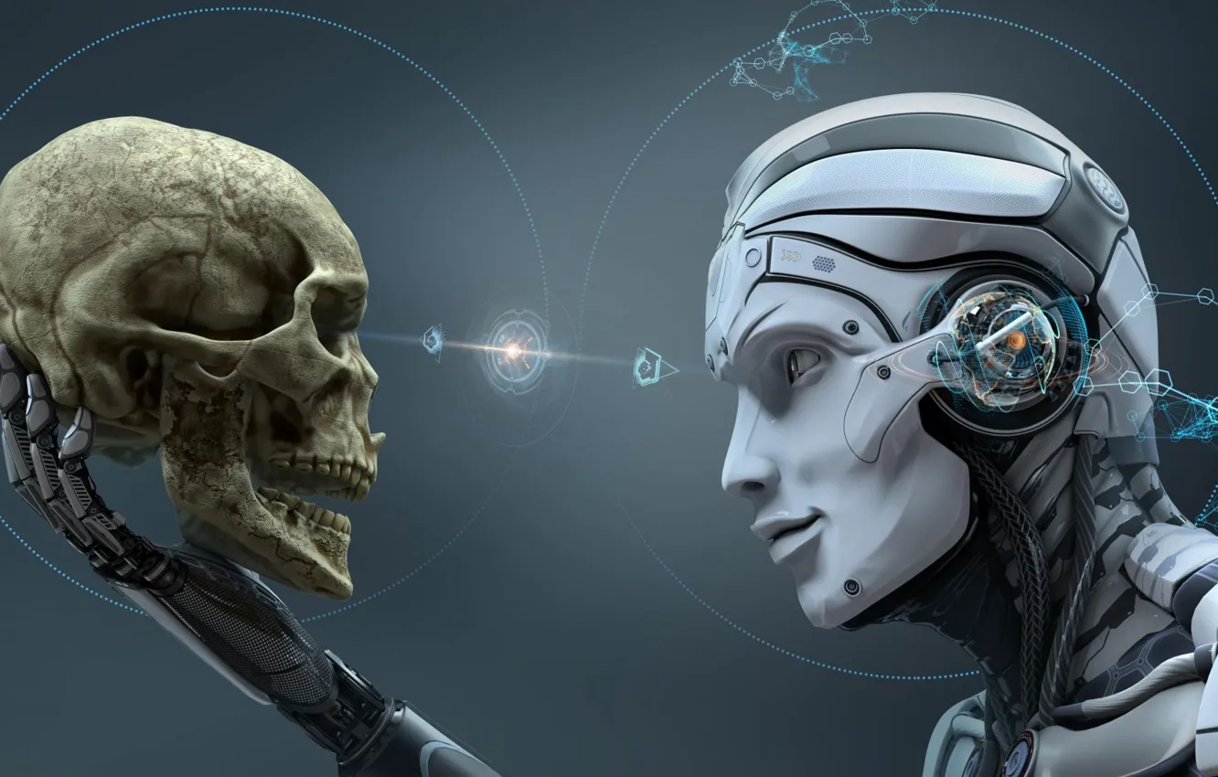 Photo wallpaper look, skull, robot, technology, sake, robot, the study, look