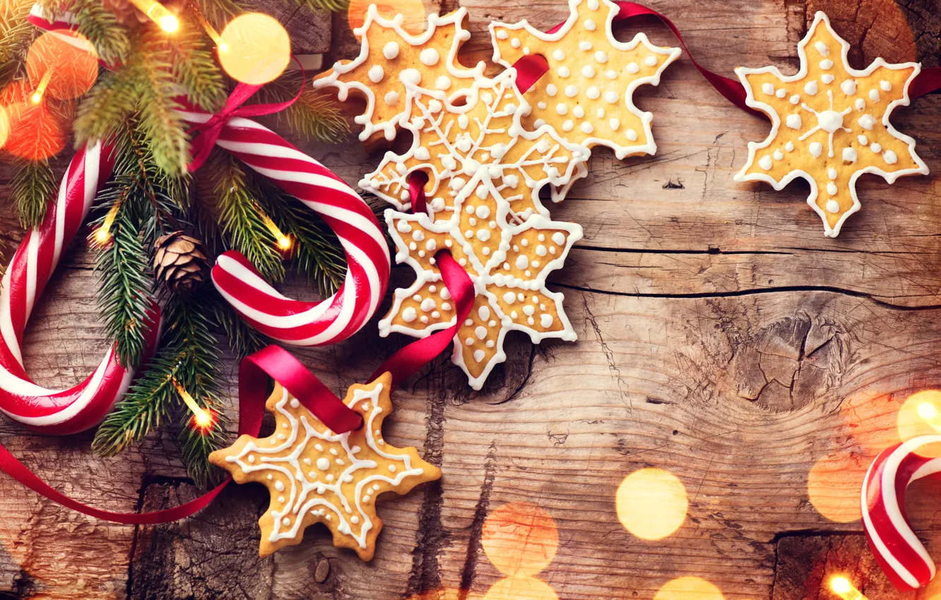 Photo wallpaper new year, cookies, Christmas, tape, sweets, garland, spruce branch, lollipops candy canes