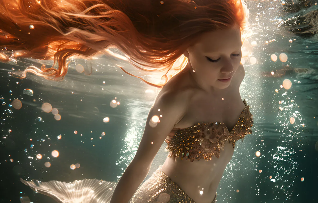Photo wallpaper girl, hair, mermaid, tail, red, underwater world, digital art, AI art