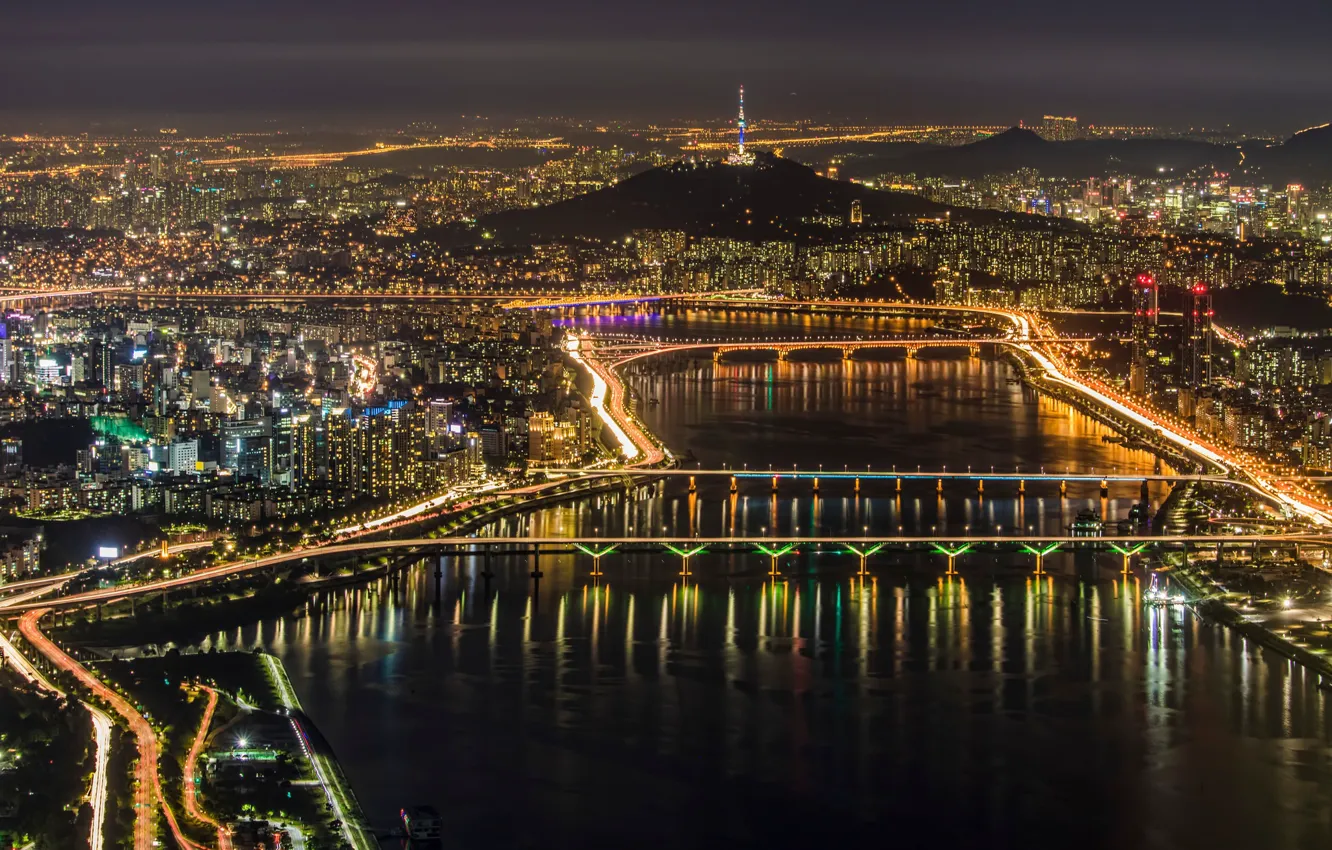 Photo wallpaper night, the city, lights, panorama, Seoul, Seoul