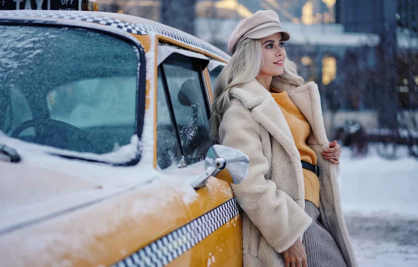Photo wallpaper winter, machine, look, girl, snow, smile, blonde, taxi