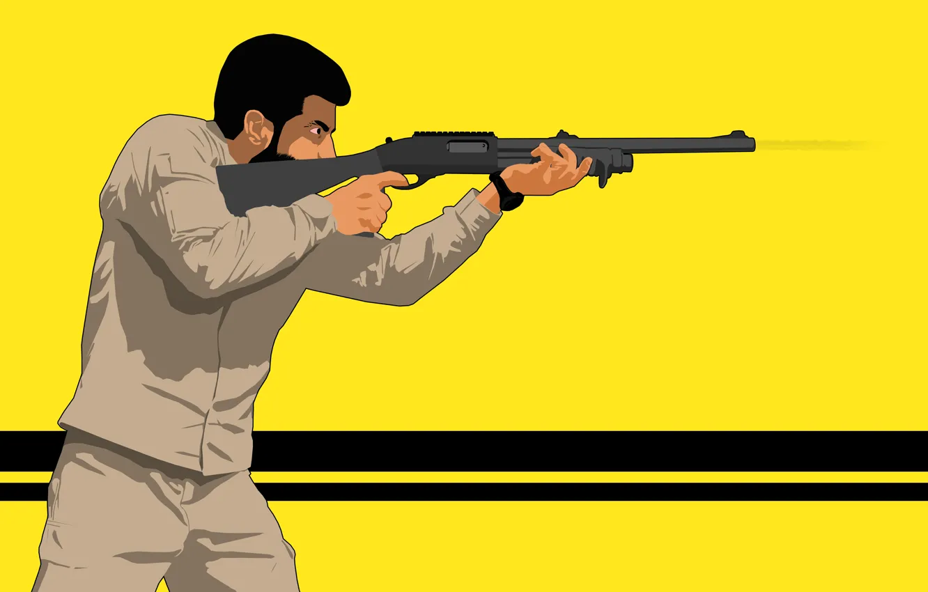 Photo wallpaper fire, gun, yellow, man, army, shoot, shotgun, assassian