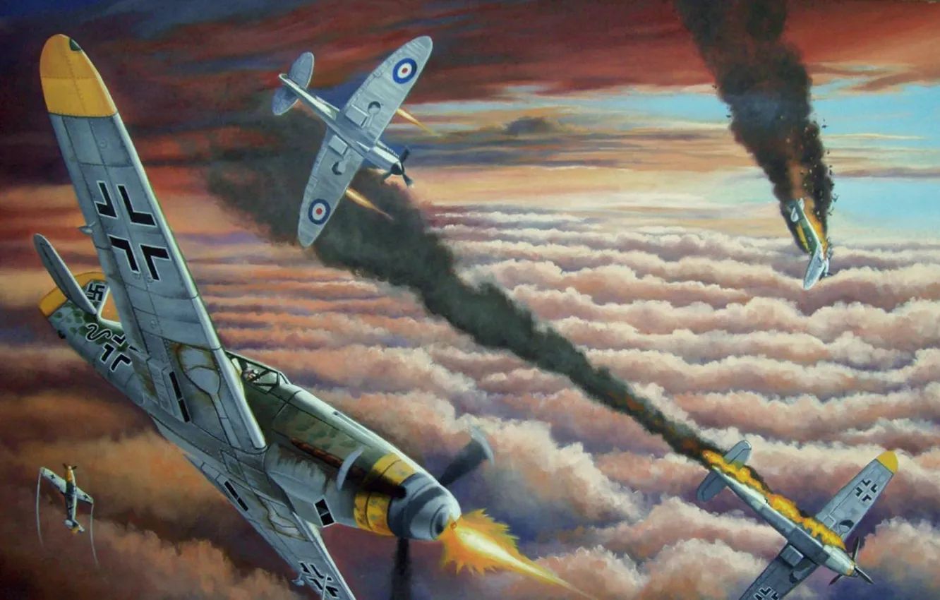 Photo wallpaper clouds, smoke, figure, battle, art, lined, Spitfire, Bf-109