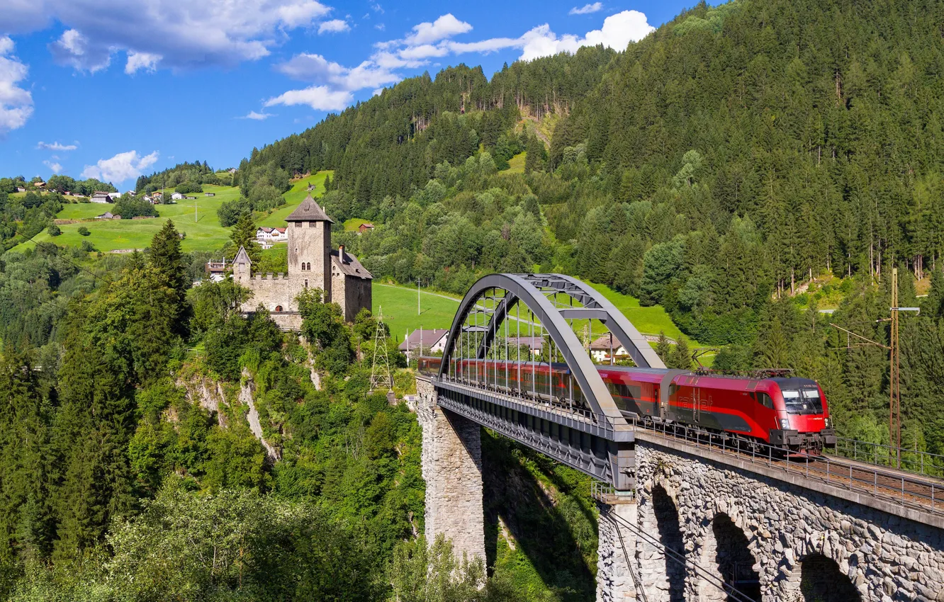 Photo wallpaper forest, bridge, castle, train, Austria, viaduct, Austria, Tyrol