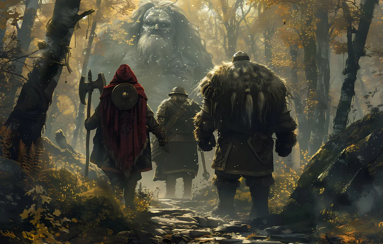 Photo wallpaper forest, trees, warrior, giant, male, digital art, AI art, The Art of Artificial Intelligence