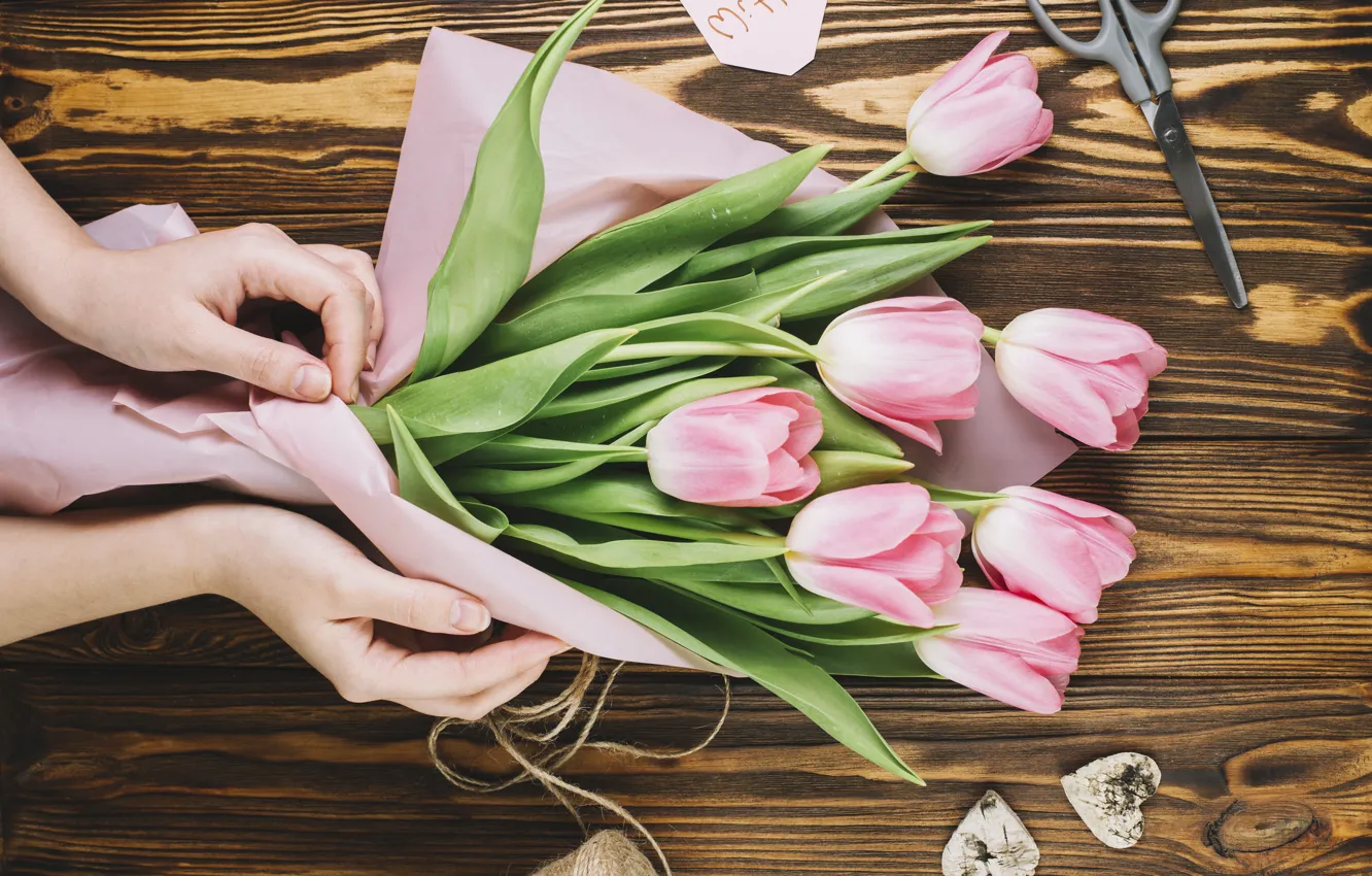 Photo wallpaper bouquet, tulips, wood, bouquet