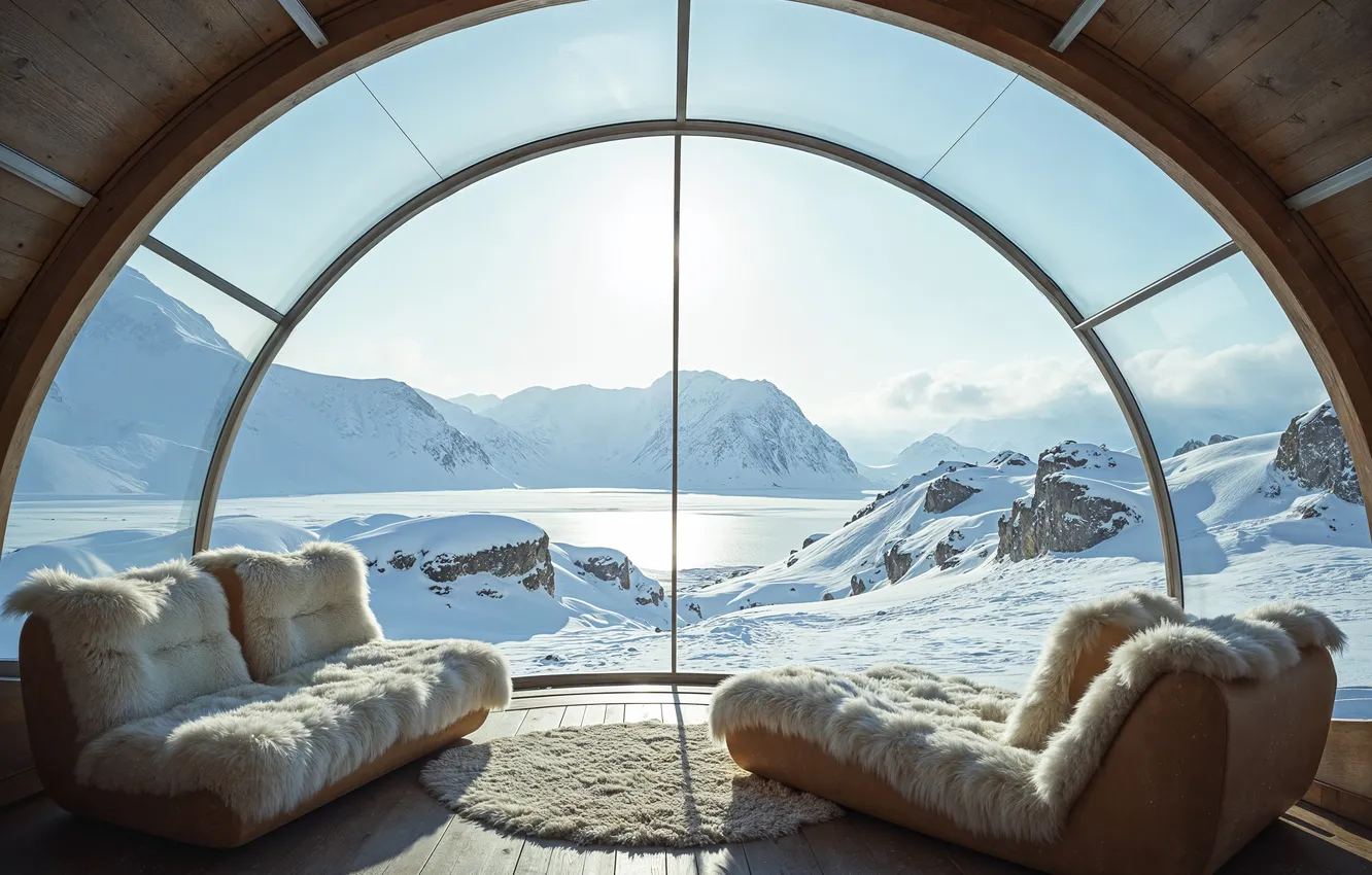 Photo wallpaper winter, snow, landscape, mountains, view, tree, window, nature