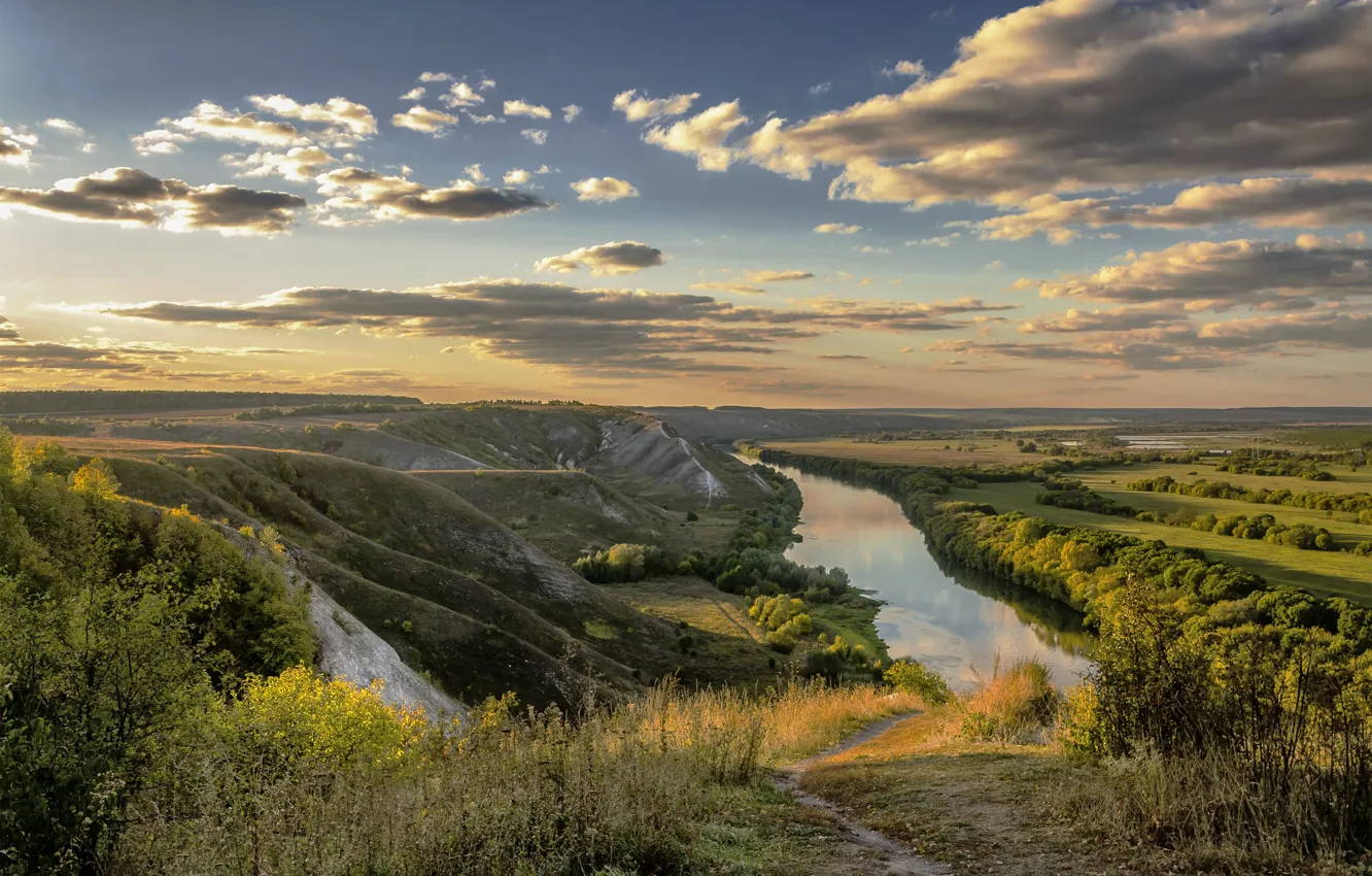 Photo wallpaper landscape, nature, river, rocks, the evening, don, Alexander Berezutsky, Sentinel Rocks