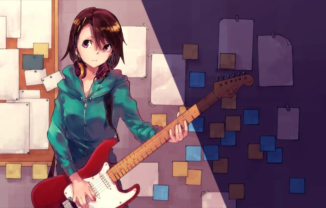 Photo wallpaper girl, wall, guitar, anime, art, paper, hitomai
