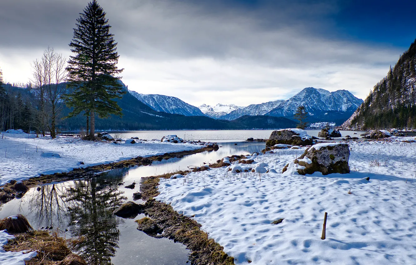 Photo wallpaper Nature, Winter, Mountains, Lake, Austria, Snow, Spruce, Landscape