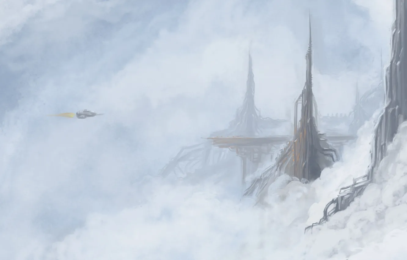 Photo wallpaper the sky, the city, ship, tower, height, art