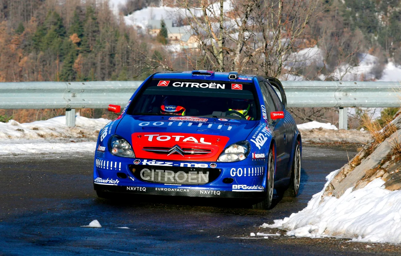Photo wallpaper winter, auto, blue, sport, lights, Citroen, WRC, the front
