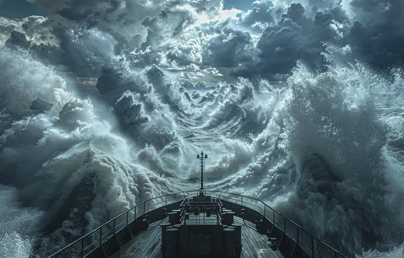 Photo wallpaper sea, wave, clouds, ship, digital art, AI art, The Art of Artificial Intelligence, The Bermuda …
