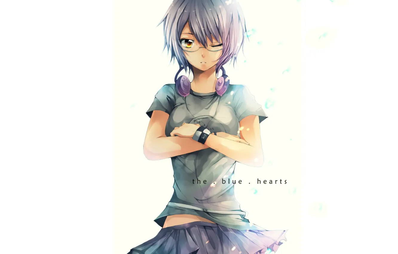 Photo wallpaper headphones, glasses, t-shirt, girl, white background, bracelet, wink