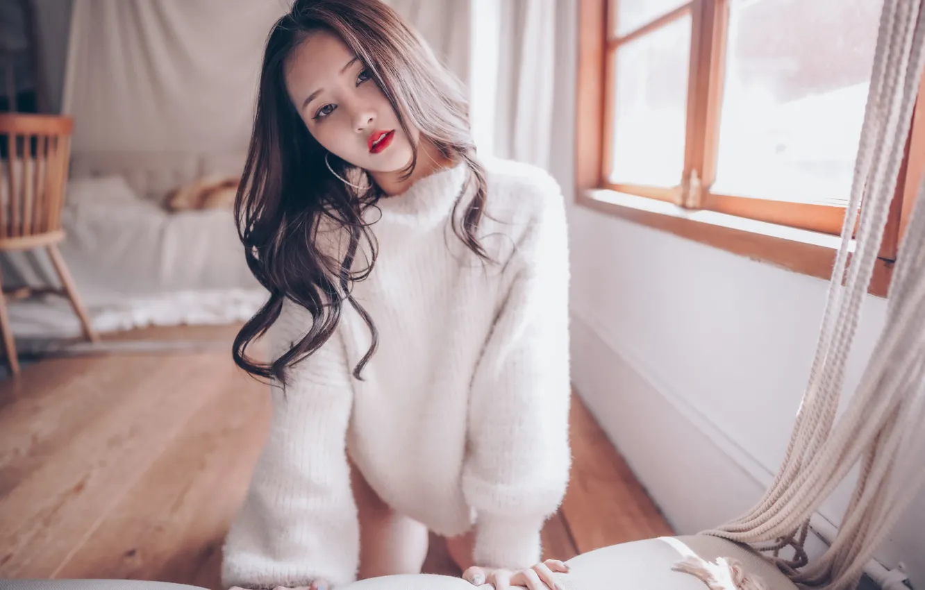 Photo wallpaper look, girl, pose, window, Asian, sweater