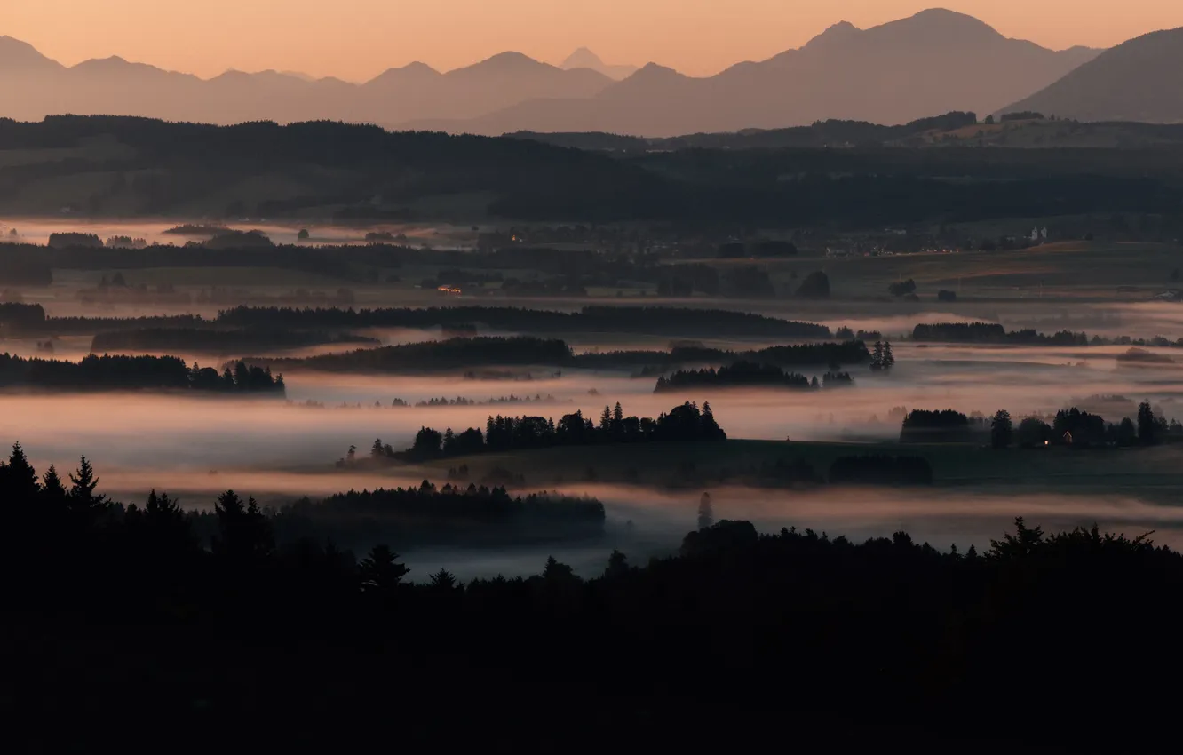 Photo wallpaper nature, beauty, nature, sunset, panorama, Misty Mountains, Valley, Mountain Range