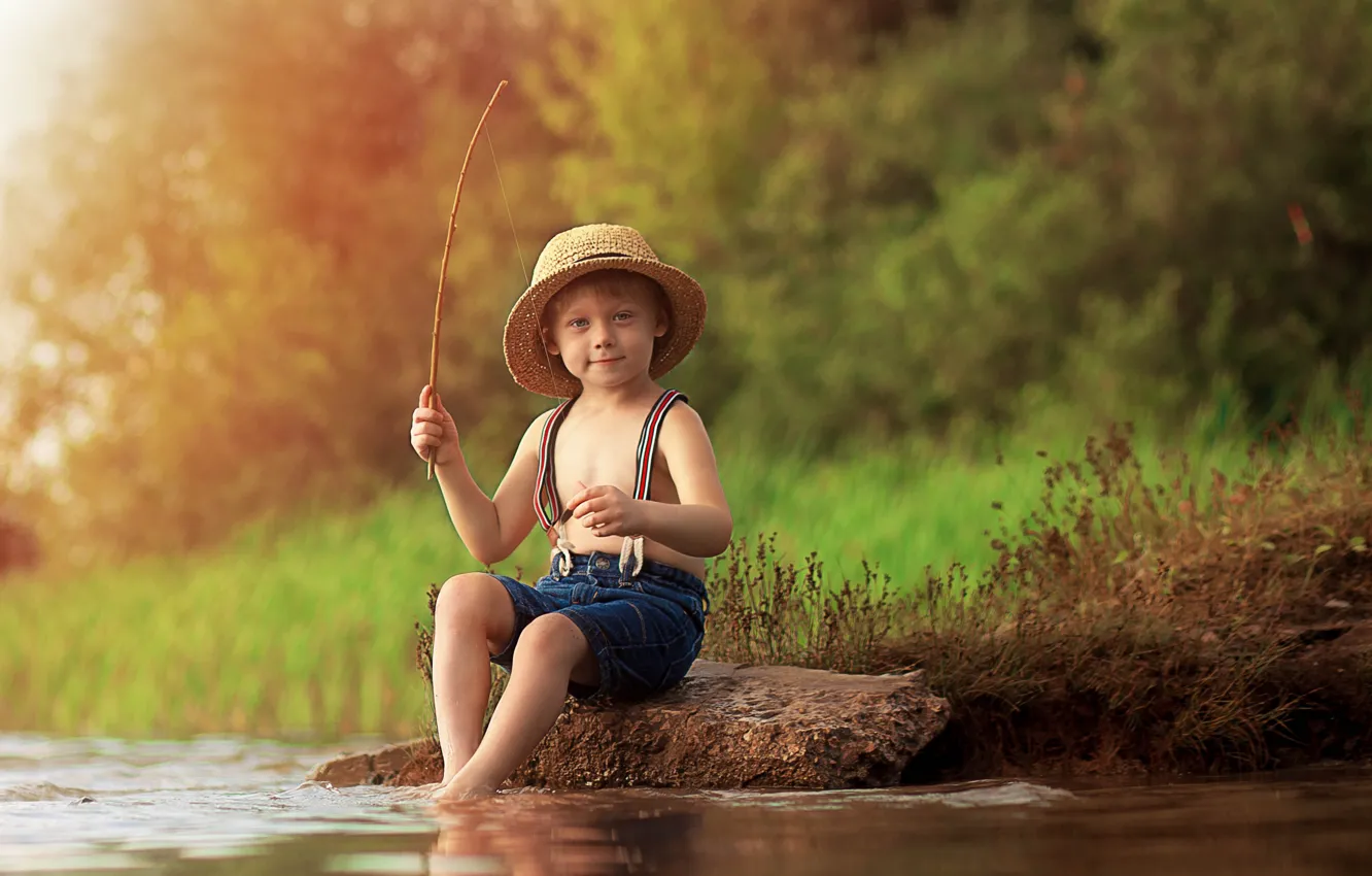 Photo wallpaper summer, nature, river, stone, fishing, fisherman, boy, child