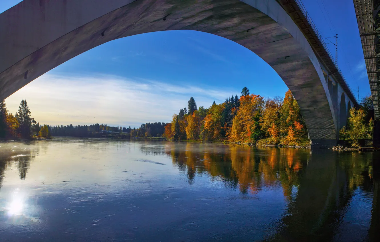 Photo wallpaper autumn, trees, bridge, river, support, Finland