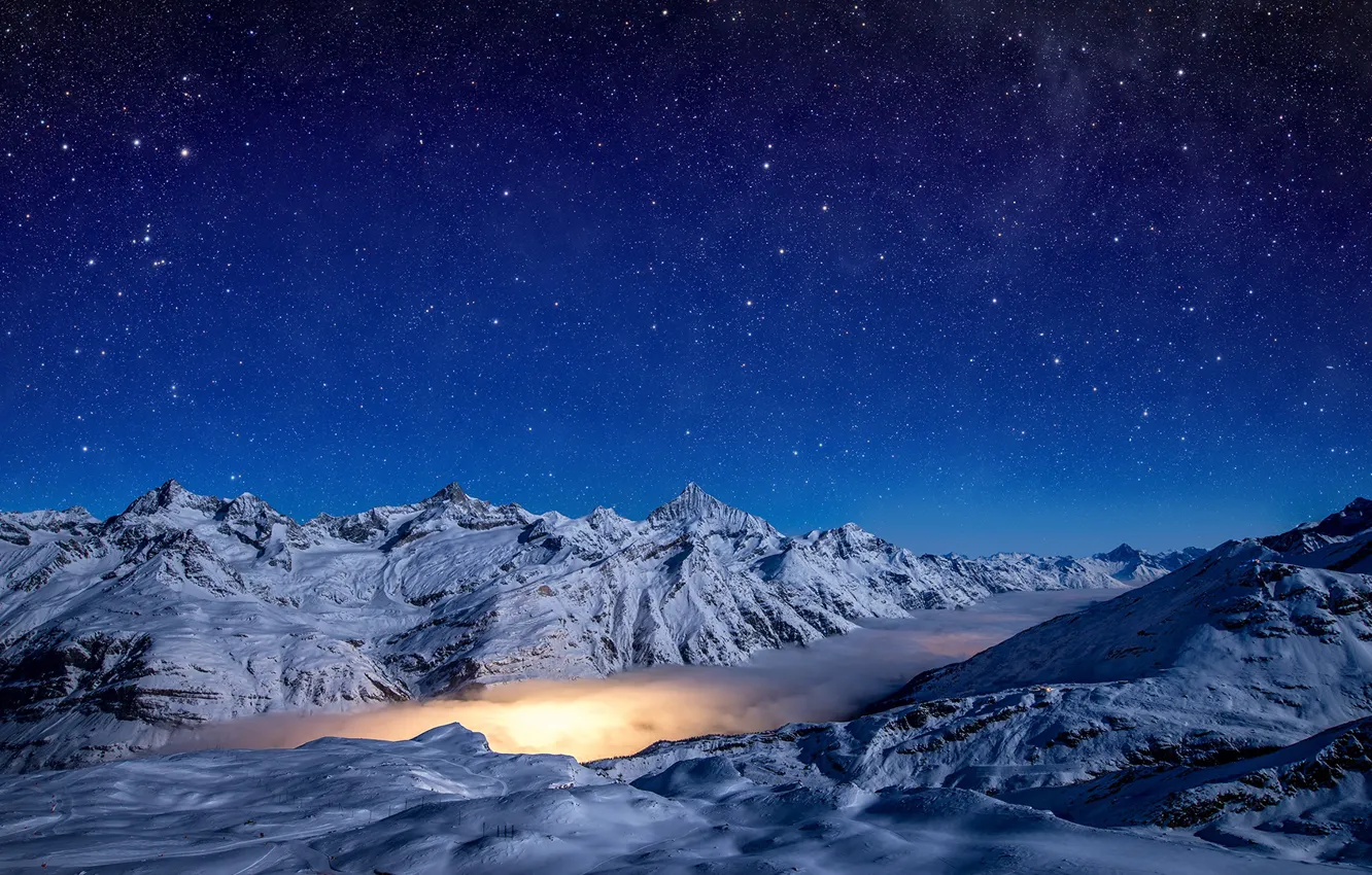 Photo wallpaper light, sky, night, winter, snow, stars, Pennine Alps, Gornergrad