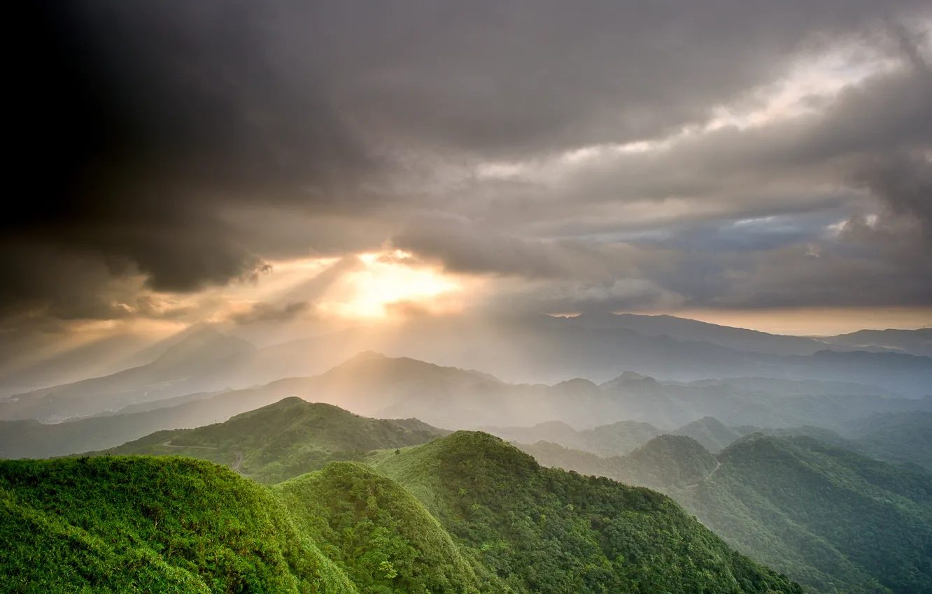Photo wallpaper greens, the sky, the sun, rays, mountains, clouds, valley