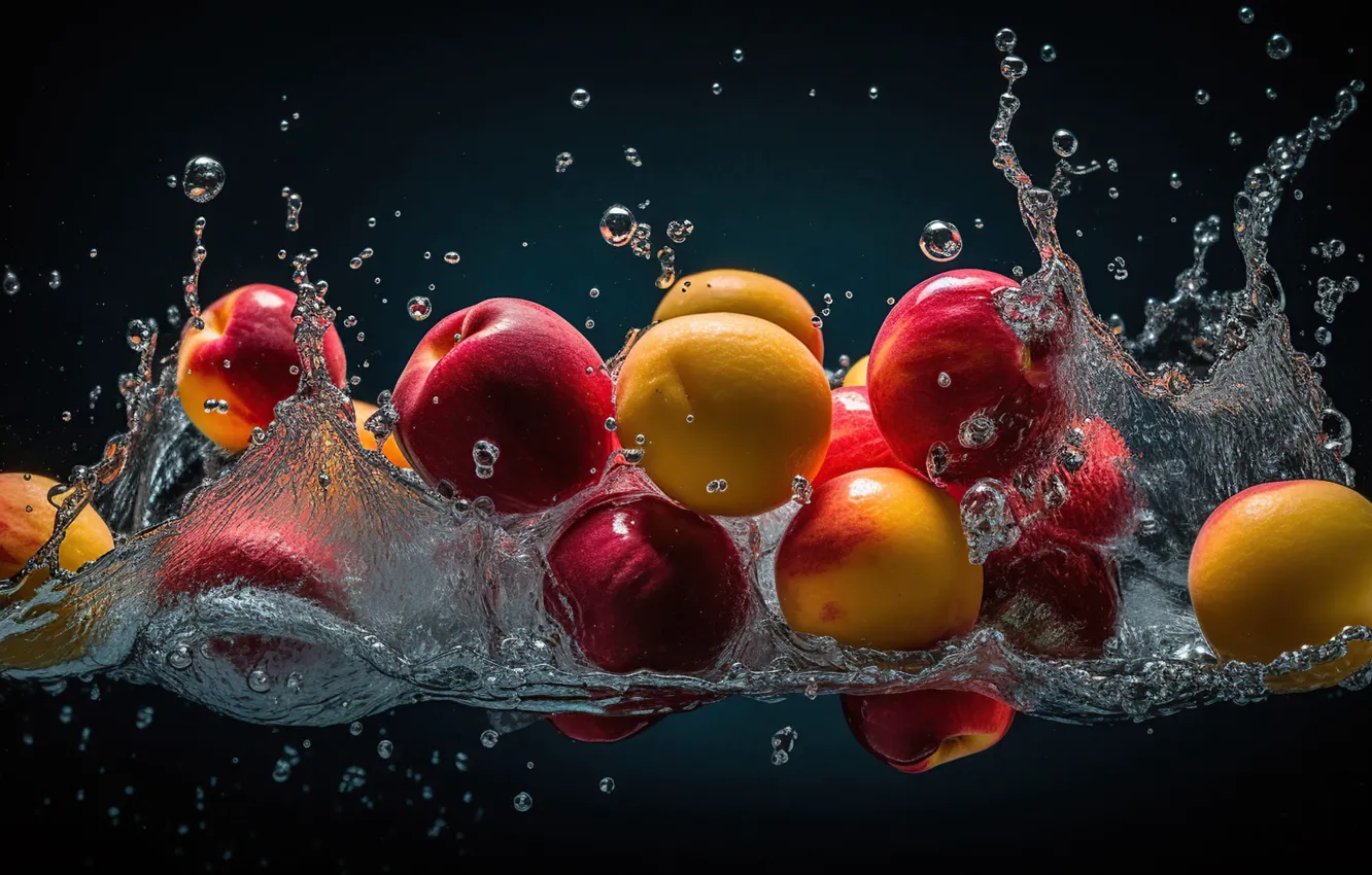 Photo wallpaper water, splash, fruit, peaches, digital art, AI art, The Art of Artificial Intelligence, neural network
