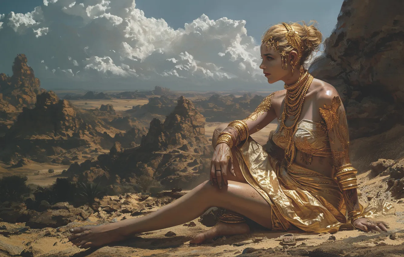 Photo wallpaper look, girl, clouds, light, decoration, nature, pose, stones