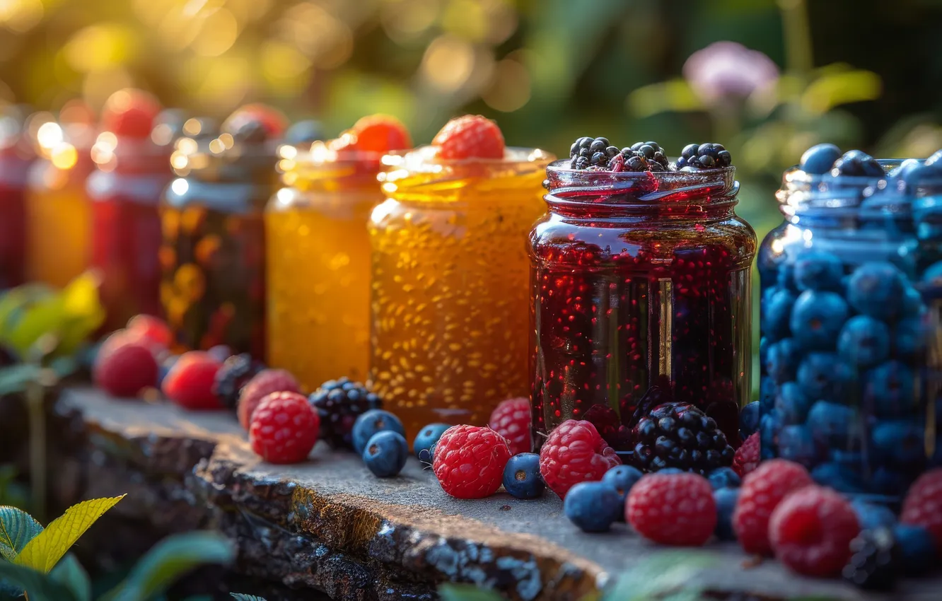 Photo wallpaper summer, light, nature, berries, raspberry, blueberries, jars, Bank