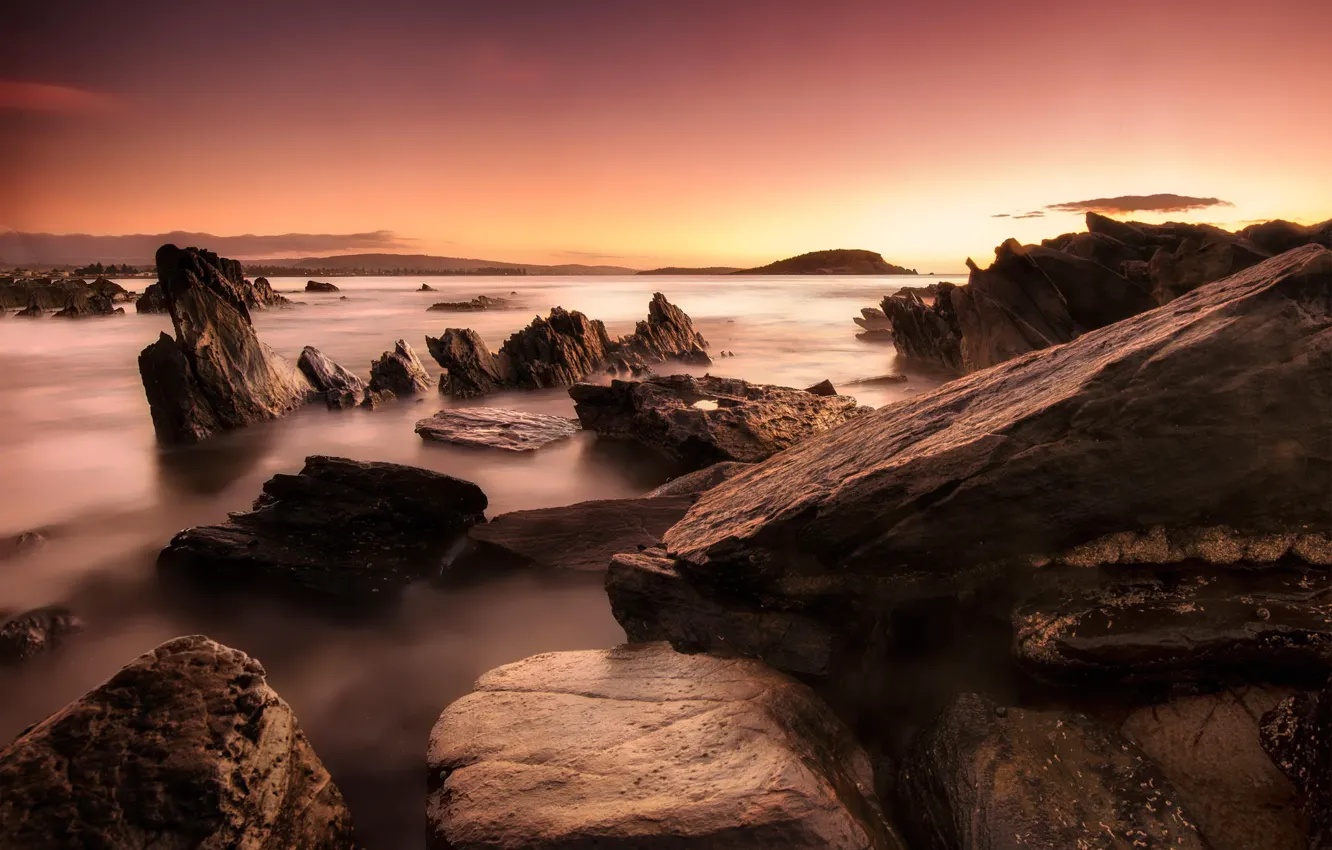 Photo wallpaper landscape, stones, the ocean, dawn, shore