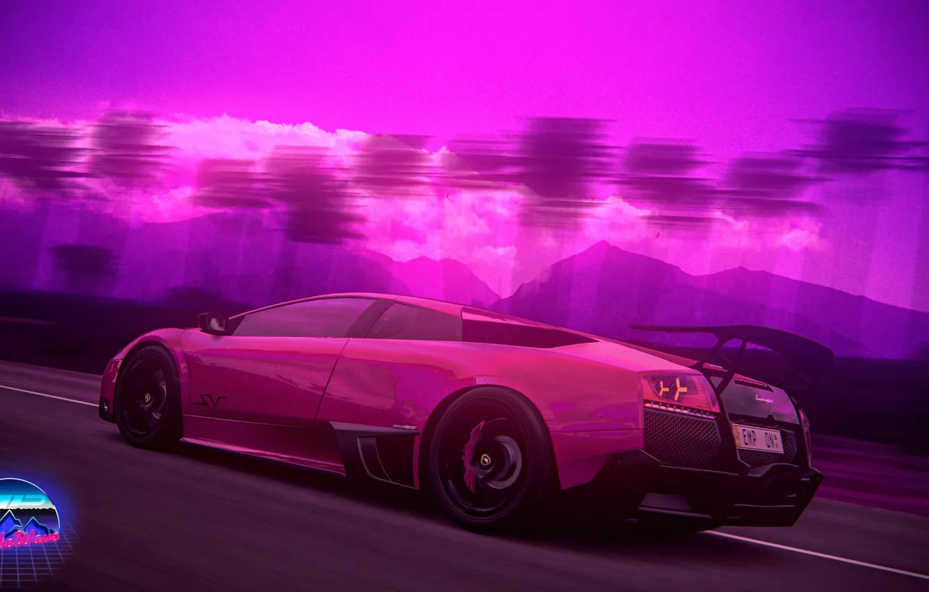 Photo wallpaper machine, auto, music, palm trees, neon, Lamborghini, supercar, Lamborghini Murcielago