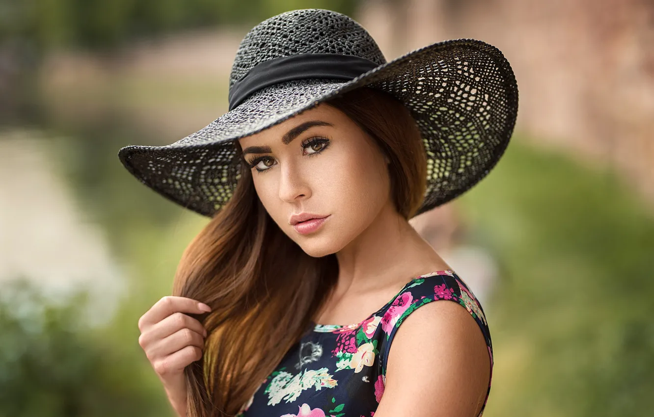 Photo wallpaper look, background, portrait, hat, makeup, dress, hairstyle, brown hair