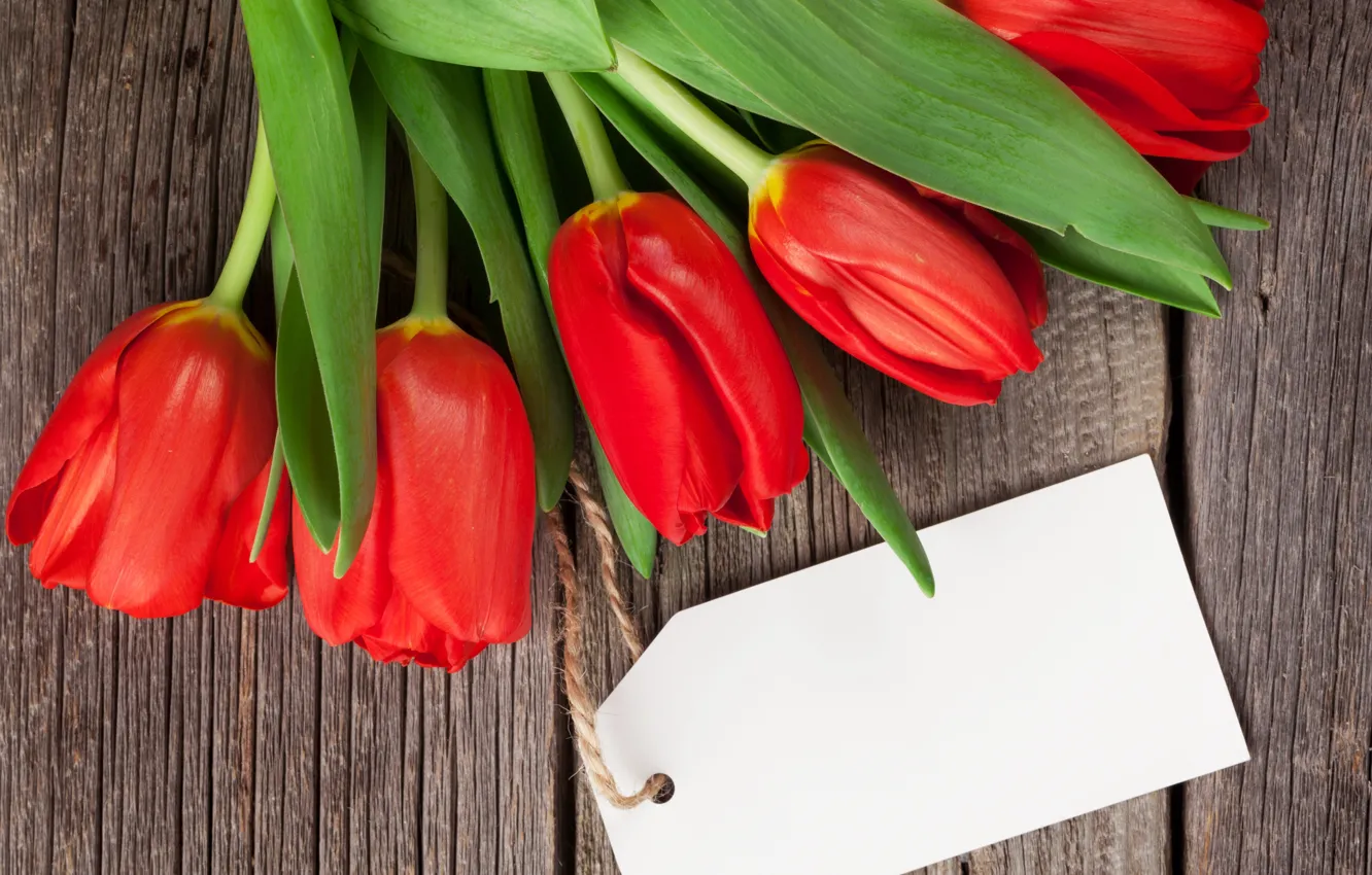 Photo wallpaper love, flowers, bouquet, tulips, red, love, wood, flowers