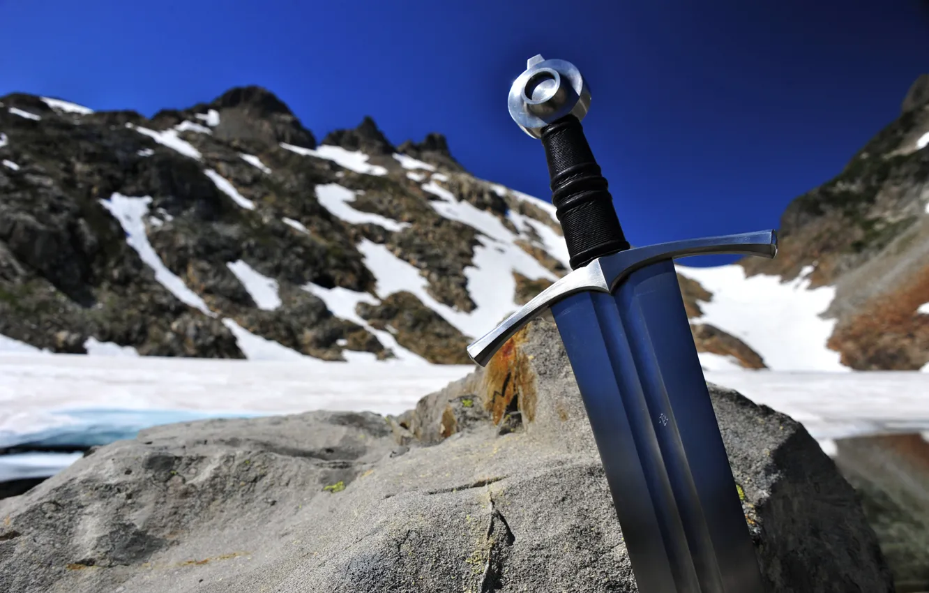 Photo wallpaper mountains, nature, stones, weapons, steel, sword, arm