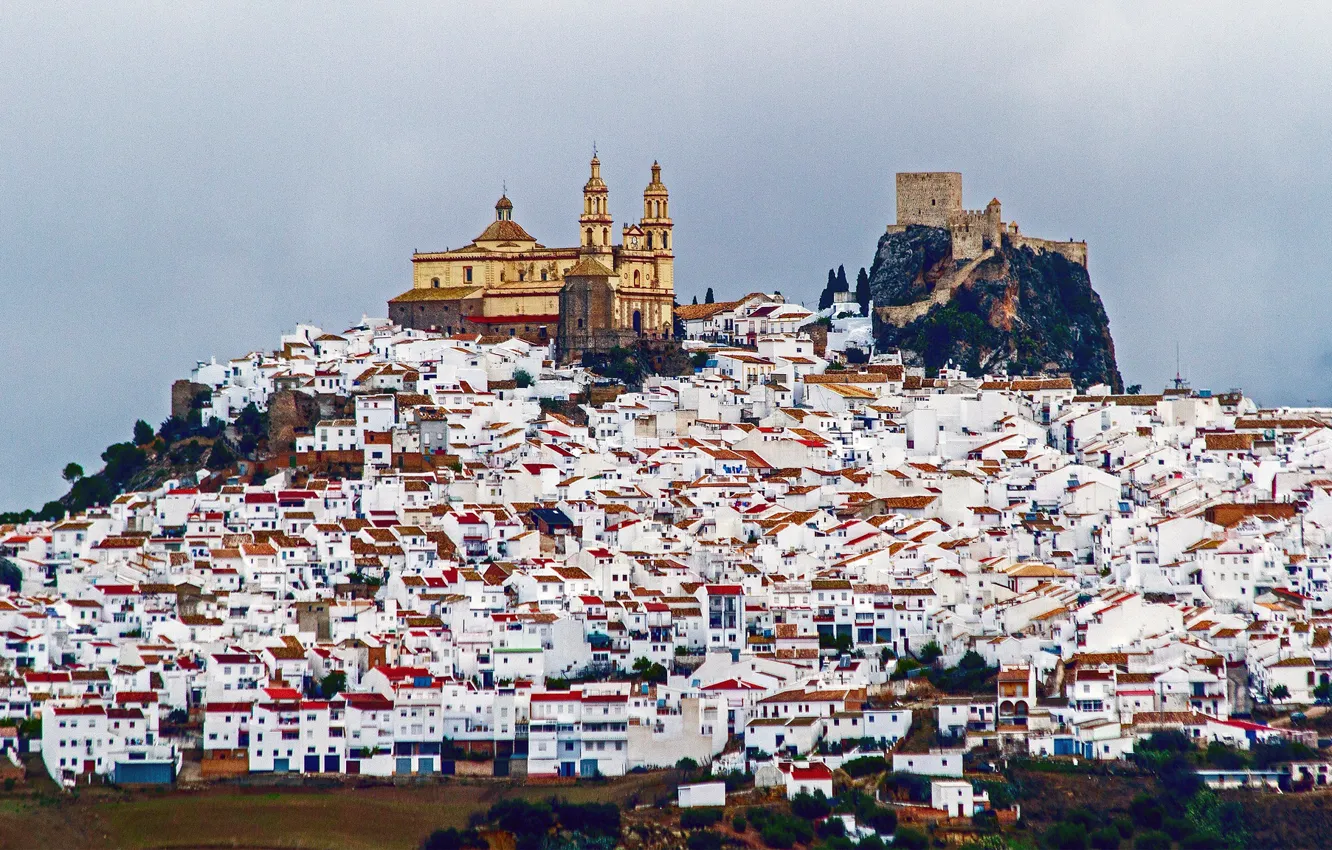 Photo wallpaper mountains, castle, home, Cathedral, Spain, Olvera