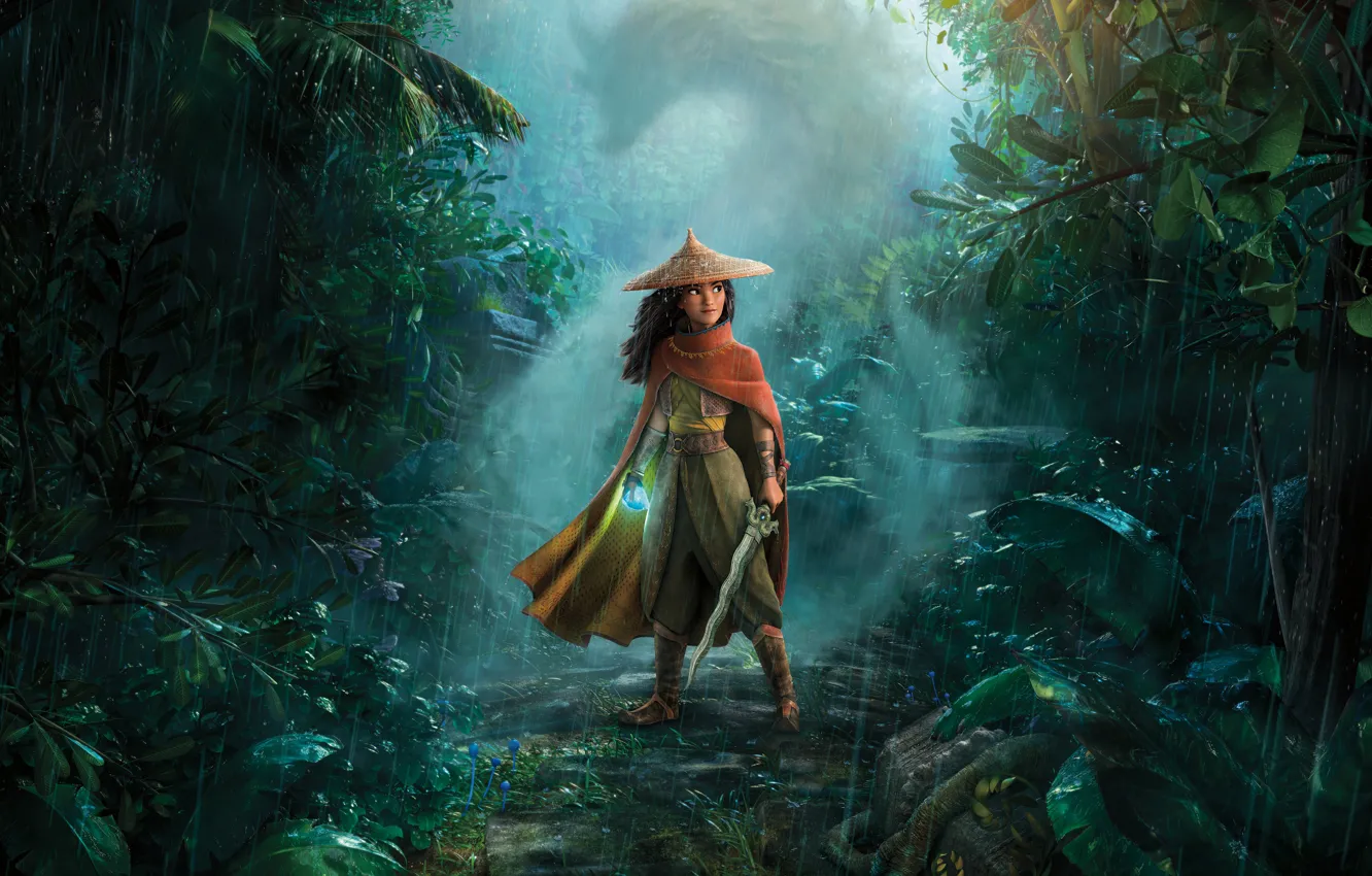 Wallpaper pose, weapons, rain, jungle, illustration, Raya, Raya and the ...