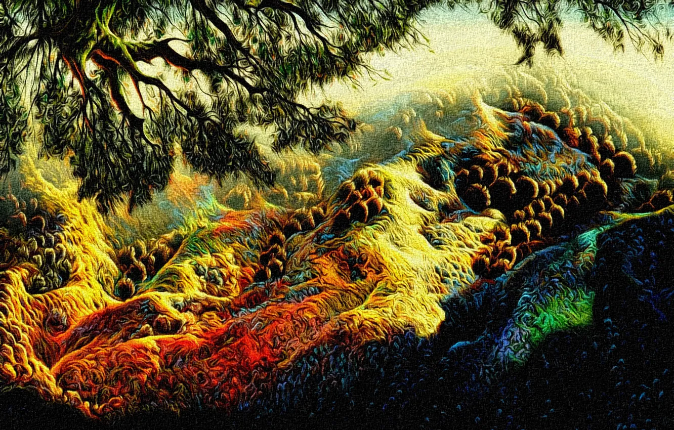 Photo wallpaper landscape, rendering, canvas, acrylic, a reproduction of the work of Eivind Earle (Earle Eyvind, Over …