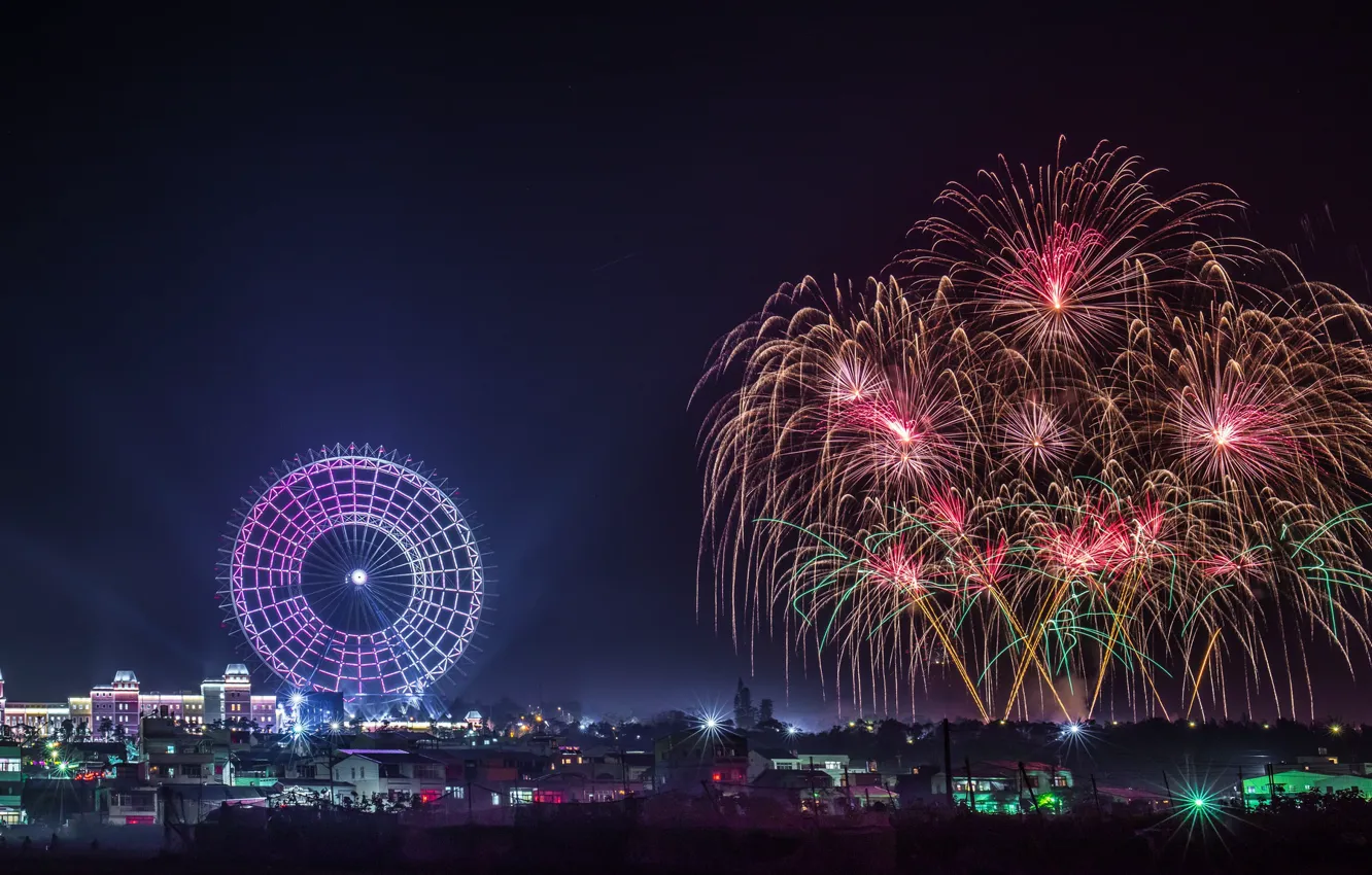 Photo wallpaper night, the city, salute, Ferris wheel