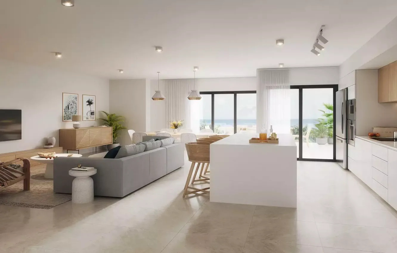 Photo wallpaper design, style, interior, kitchen, terrace, living room, dining room, beach and ocean view